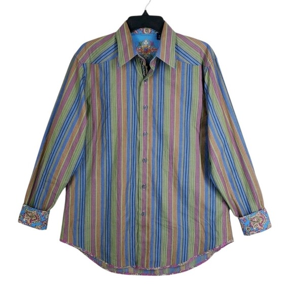 Robert Graham Dress Shirt Mens M Blue Green Red Colorful Striped Flip Cuffs LS - Picture 10 of 11